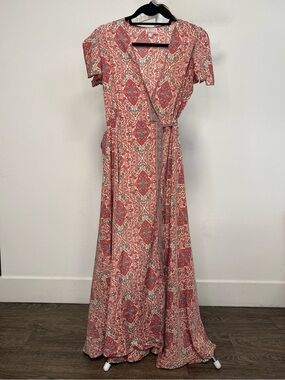 Cienna Silk Blend Wrap Maxi Dress Boho Paisley Pink Teal Size S